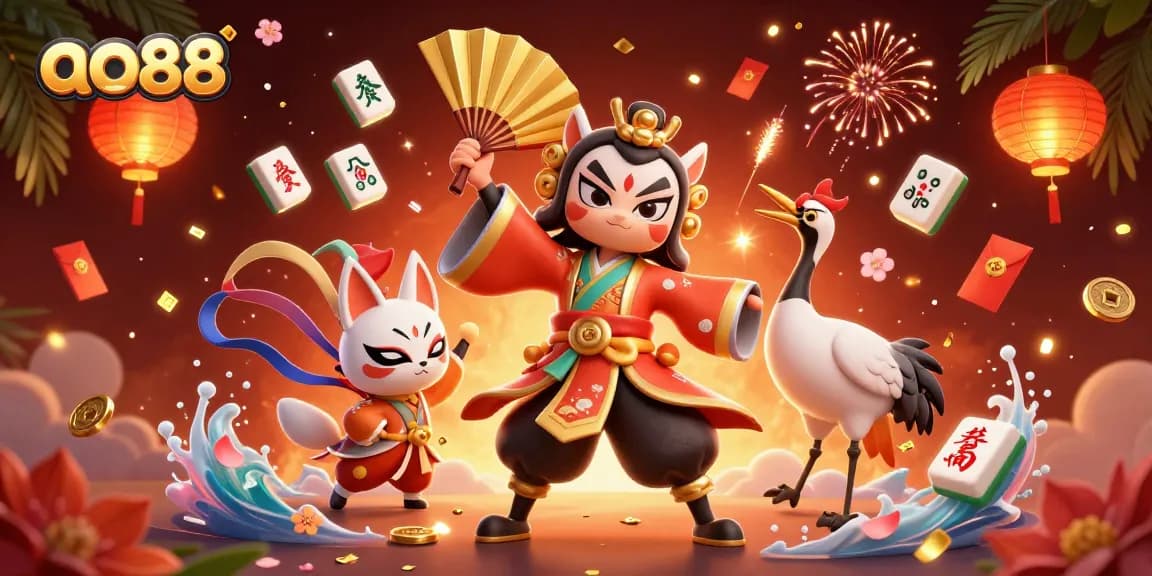 Experience exciting gaming at ao88 with a vibrant 3D scene filled with dynamic casino elements.
