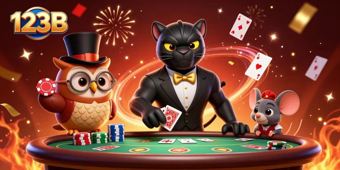Join the stylish black panther and friends as they masterfully gamble at 123B's engaging tables.