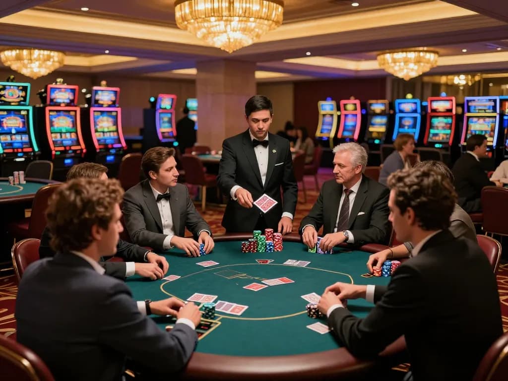 Engaged players in RR88 poker game at a luxurious casino table under warm lighting.