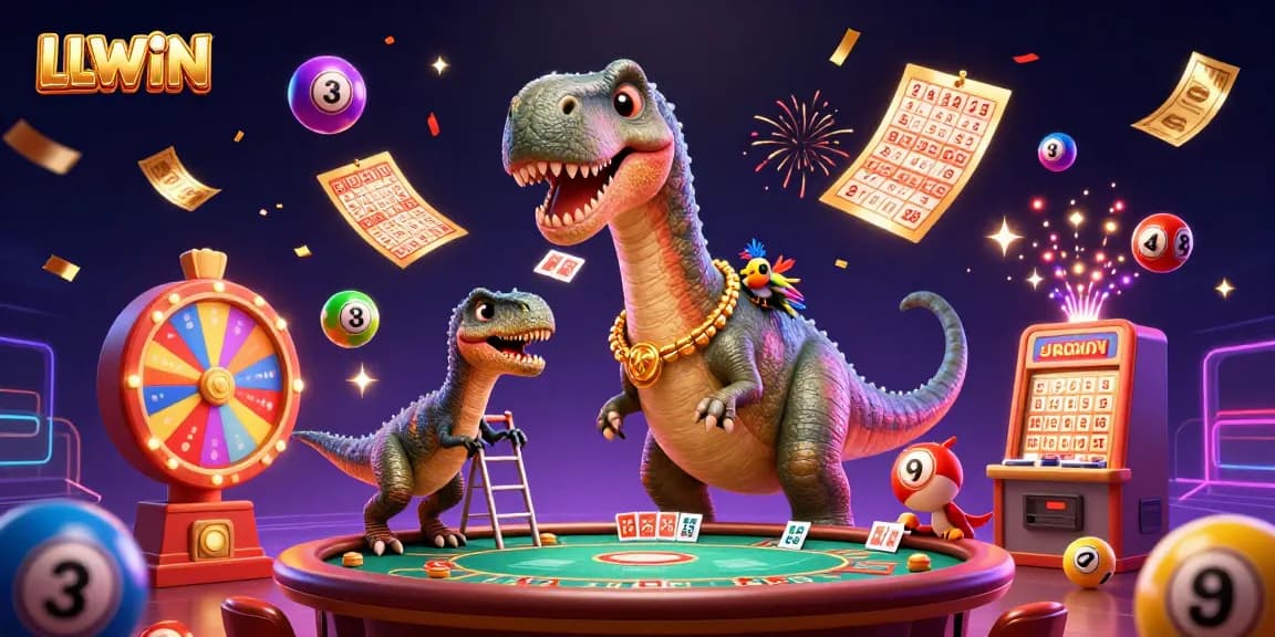 Engage with the vibrant LLWIN casino scene featuring lively characters and dynamic lottery elements.
