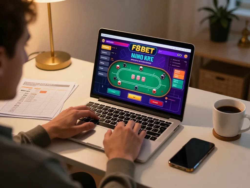 Engaging poker gameplay with F8BET displayed on the laptop screen, showcasing an immersive online gambling environment.