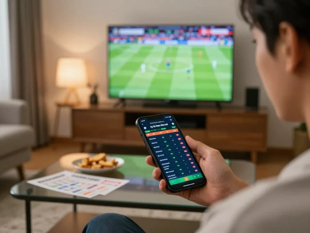 Person using smartphone for live betting displaying ty le keo nha cai in a cozy home setting