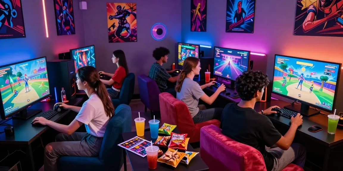 Group enjoying nsfw game in a vibrant gaming lounge with LED lights