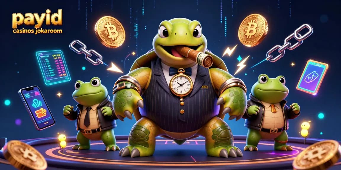 Play at payid casinos jokaroom featuring a cartoon turtle in mobster attire alongside bullfrog enforcers.