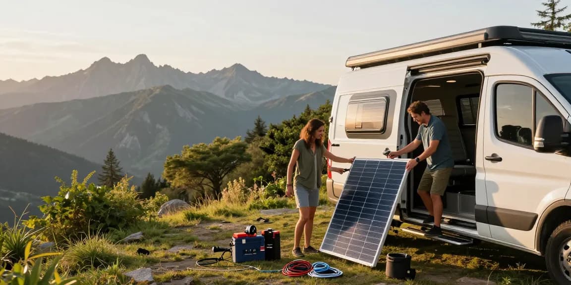 Couple setting up solar panels on a campervan at a scenic overlook, showcasing rokok88 alternatif.