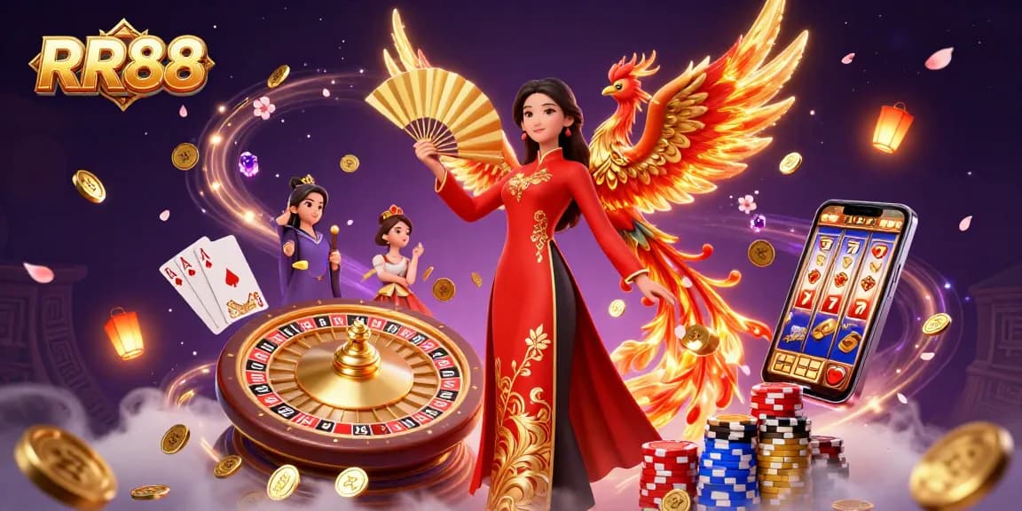 Experience the vibrant world of RR88 with a traditional Vietnamese character, phoenix, and dynamic casino elements.