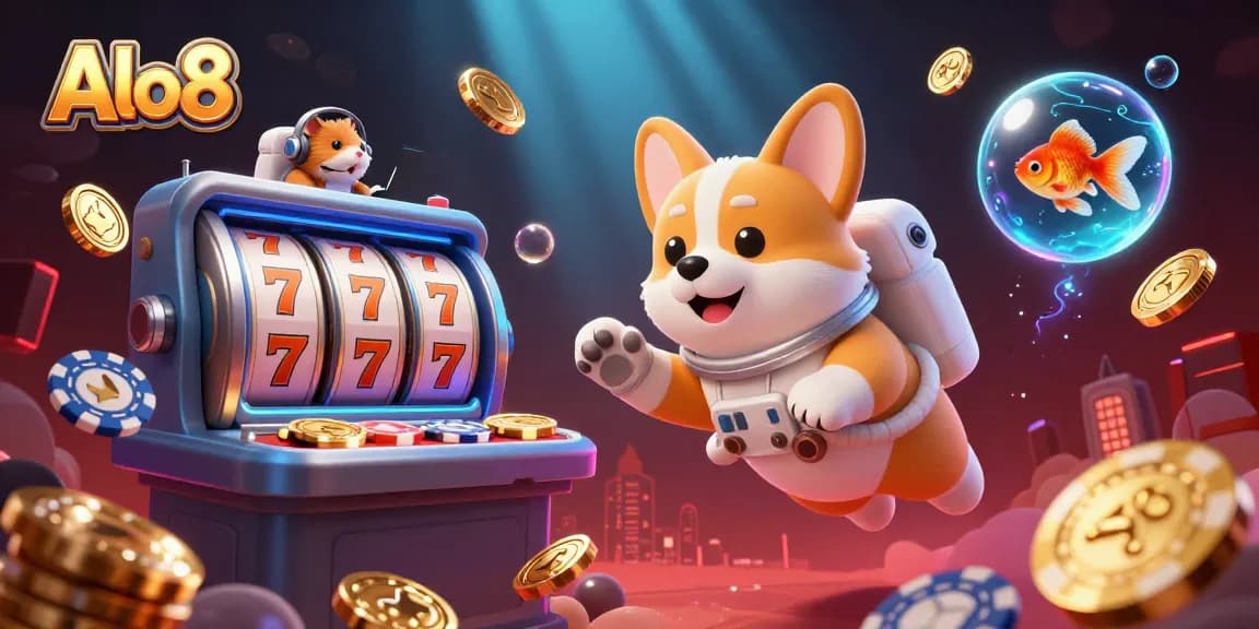 Alo8 offers thrilling online casino gaming experiences with a vibrant and dynamic illustration of a 3D astronaut corgi in a cosmic casino.