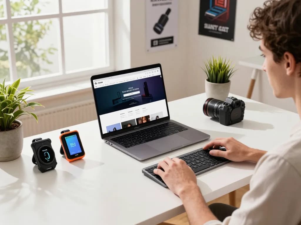 Elegant tech workspace featuring must have tech gadgets, including Rii Mini Keyboard and Fitbit Charge 6, in a bright modern setting.