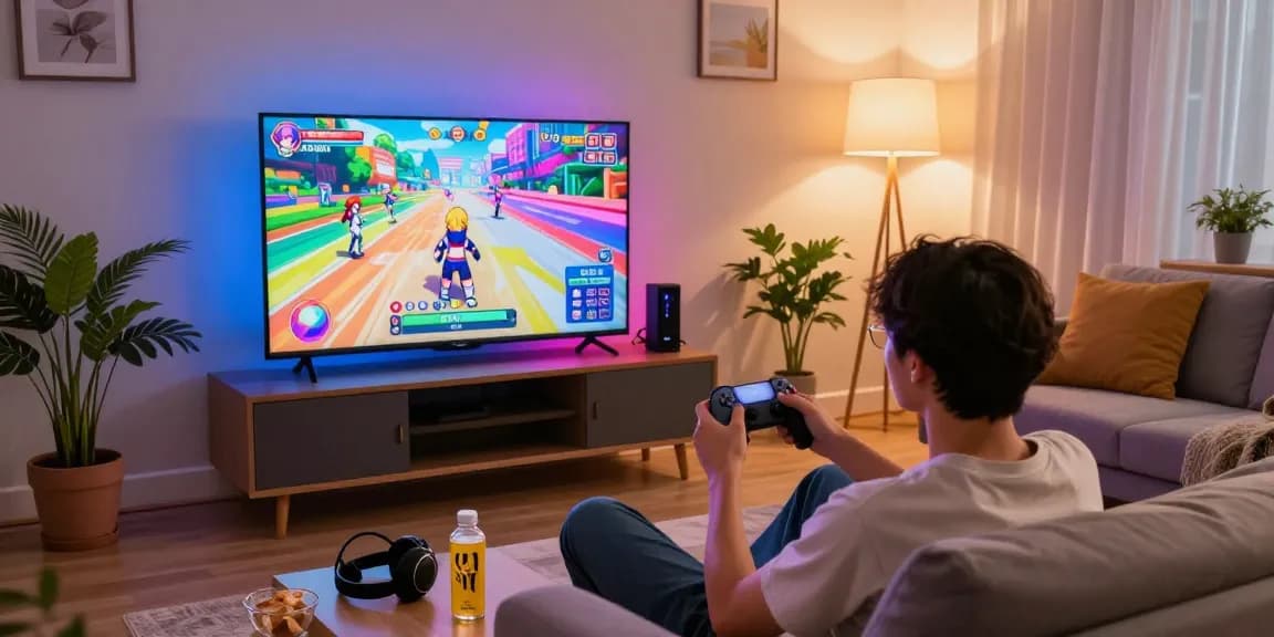 Player immersed in an ecchi game in a cozy living room with vibrant visuals.