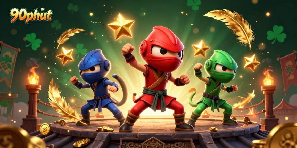 Experience thrilling gameplay with 90phut as ninja chameleons perform against a backdrop of golden casino elements.