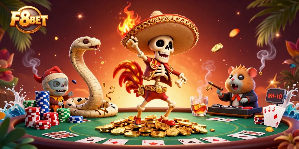 Experience exciting gameplay in F8BET's vibrant casino with a lively cartoon scene.
