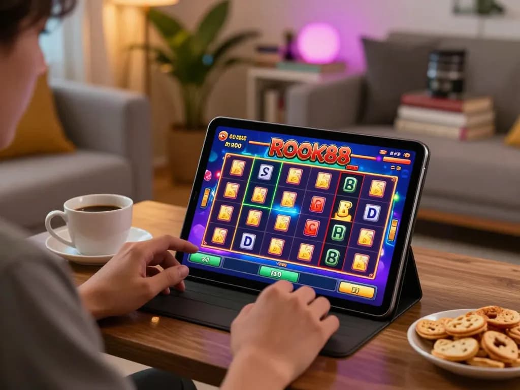 Engaging moment playing rokok88 slot on a tablet at home with vibrant graphics.