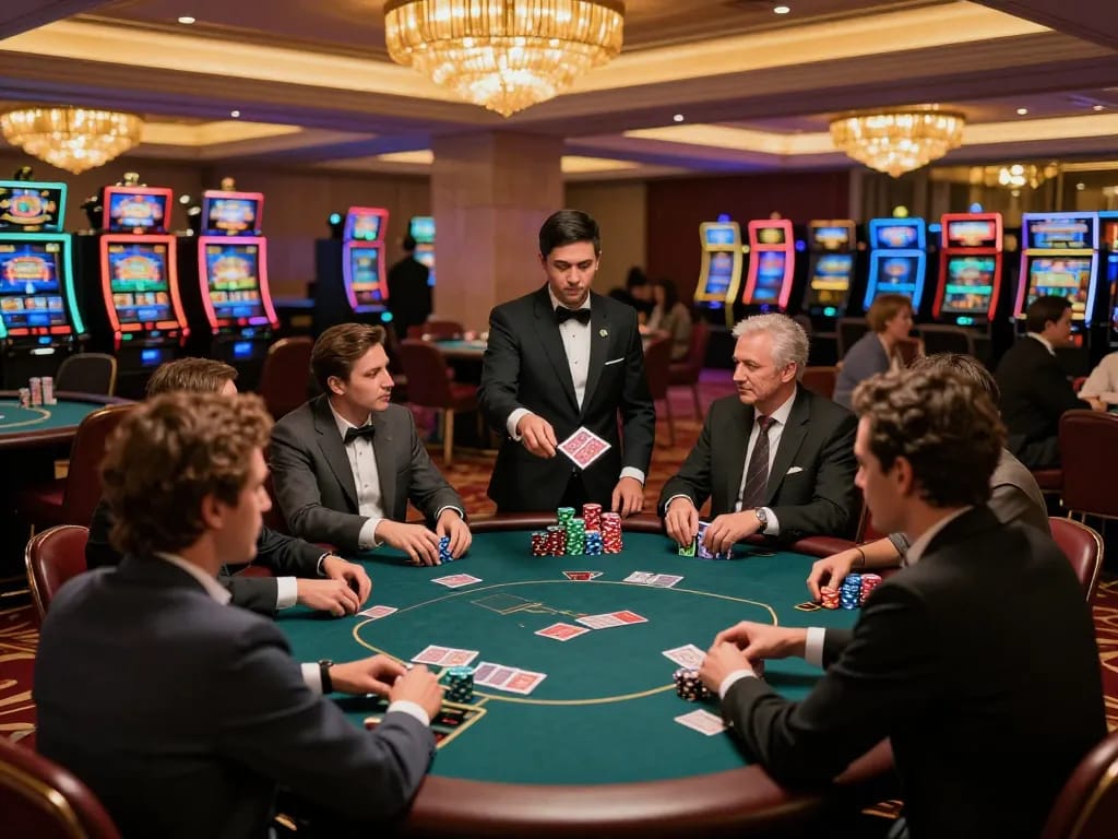 Engaged players in RR88 poker game at a luxurious casino table under warm lighting.