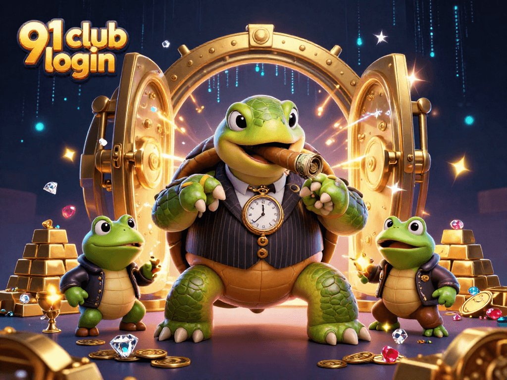 Win big with the 91 club login, featuring a lively 3D casino scene with colorful characters and treasures.