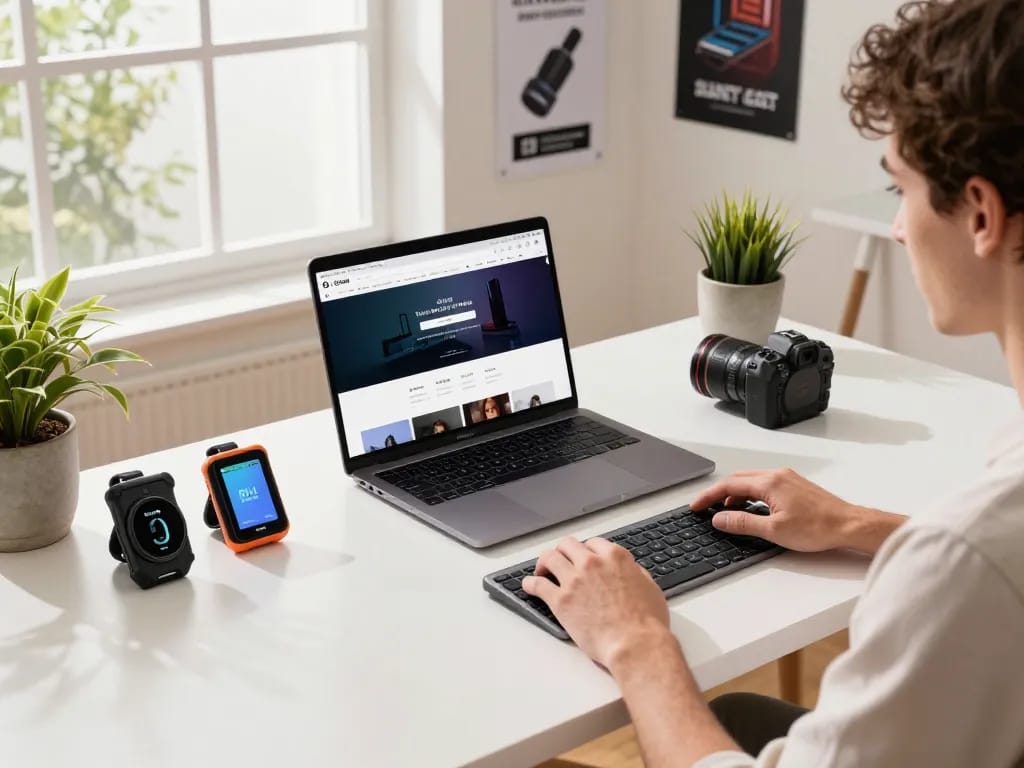 Elegant tech workspace featuring must have tech gadgets, including Rii Mini Keyboard and Fitbit Charge 6, in a bright modern setting.