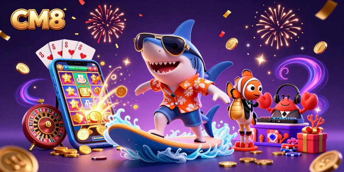 Experience thrilling gameplay at CM8 with vibrant characters, games, and awards in an engaging casino scene.