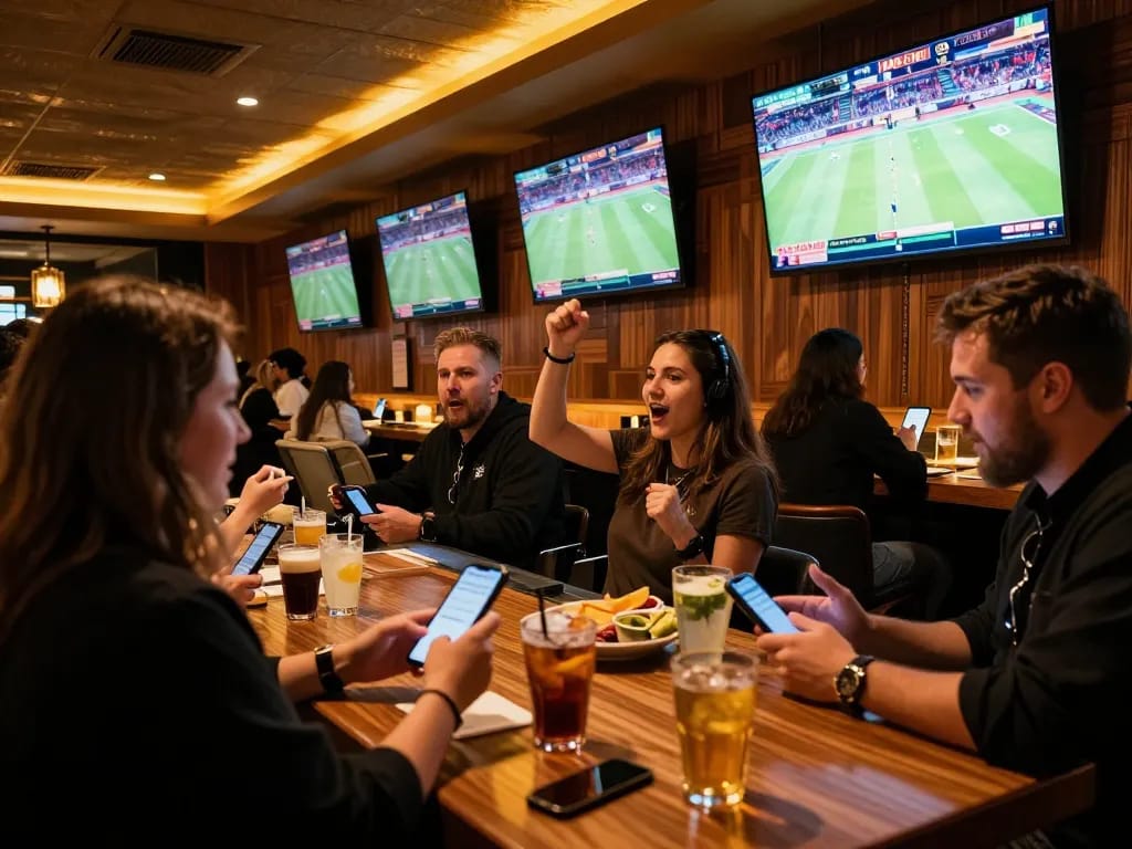 Engaging moment of sports betting at a premium venue, showcasing keo nha cai excitement with patrons actively placing bets