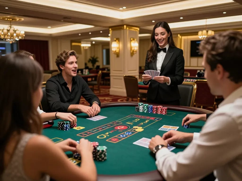 Players enjoying blackjack at an upscale casino, enhancing their m88 gaming experience.