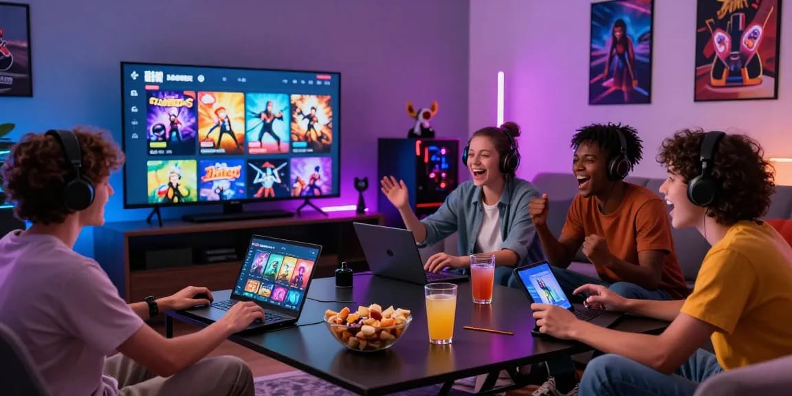 Friends play porn games together on various devices in a cozy gaming space