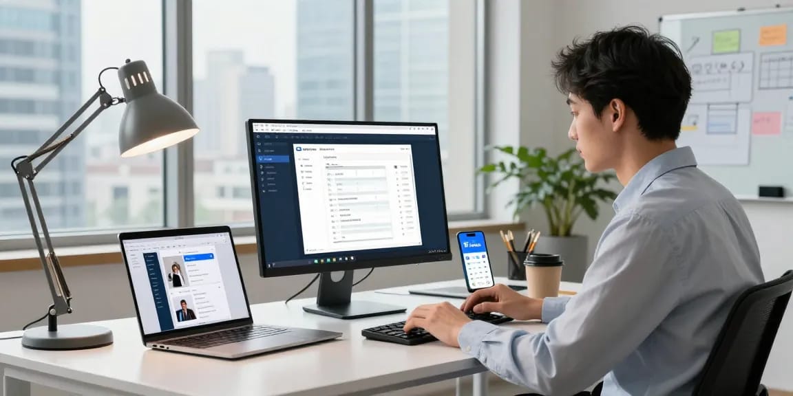 WPS Official Website showcased in a modern office workspace with a professional using productivity software, emphasizing cloud collaboration and efficiency.
