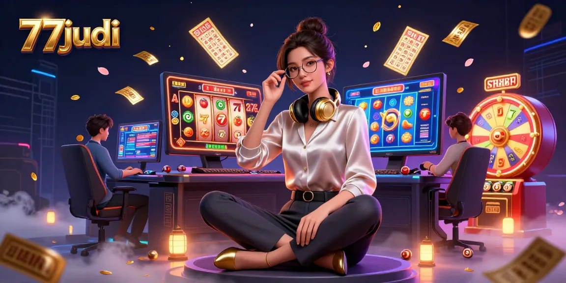Experience the excitement of 77judi casino with dazzling slot reels and vibrant gaming elements in a stunning scene.