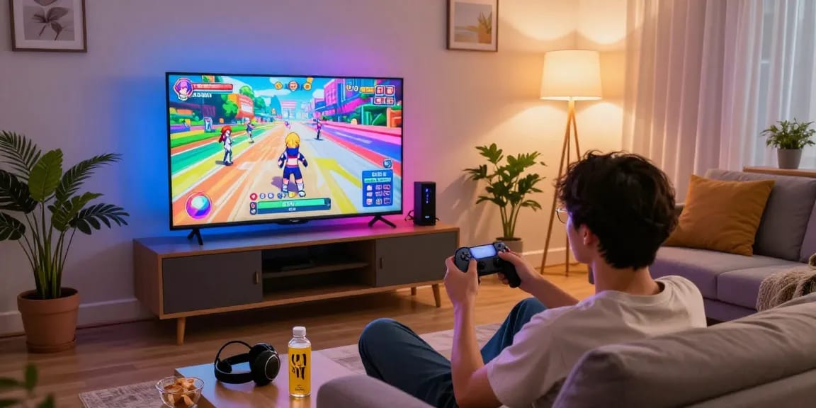 Player immersed in an ecchi game in a cozy living room with vibrant visuals.