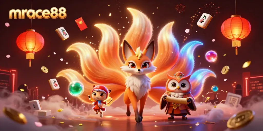 Experience vibrant gaming with mrace88 featuring a nine-tailed fox spirit, wise owl, and magical orbs amid colorful casino elements.