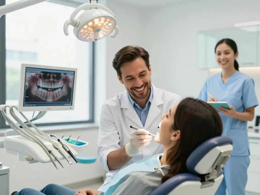 Dentist near me providing care to a patient in a modern dental office.