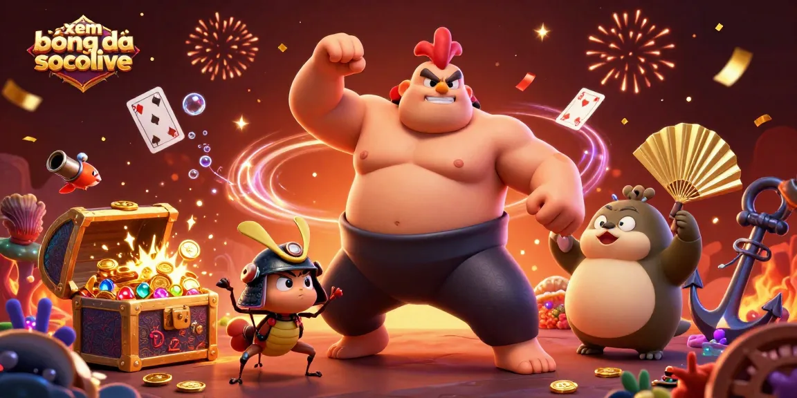 Engage with xem bóng đá socolive as vibrant cartoon characters celebrate amidst jewels and treasures.