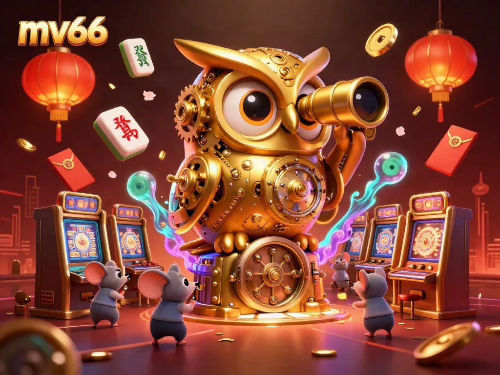 Experience mv66's immersive casino atmosphere with a golden owl scanning gaming action among vibrant elements.