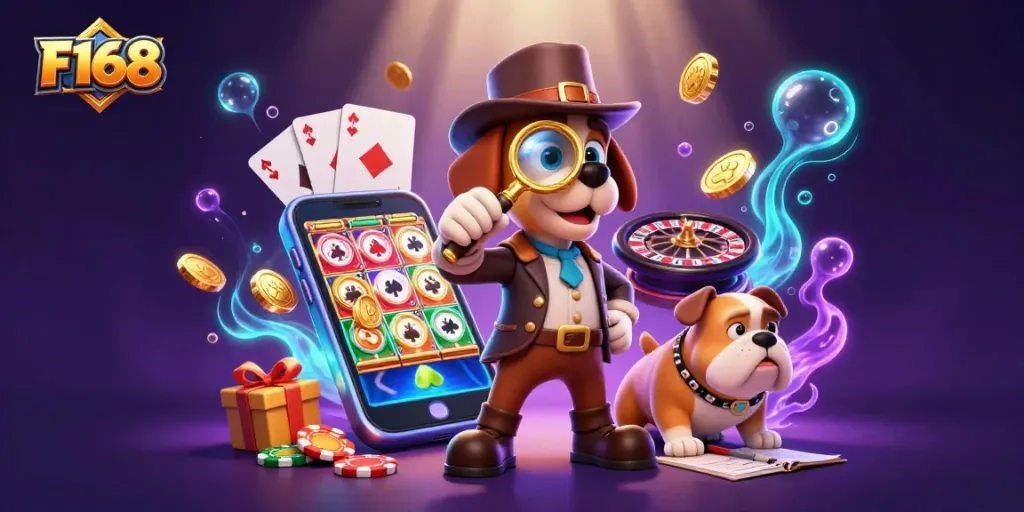 Engage in F168 slots with a cartoon detective uncovering treasures in vibrant detail.