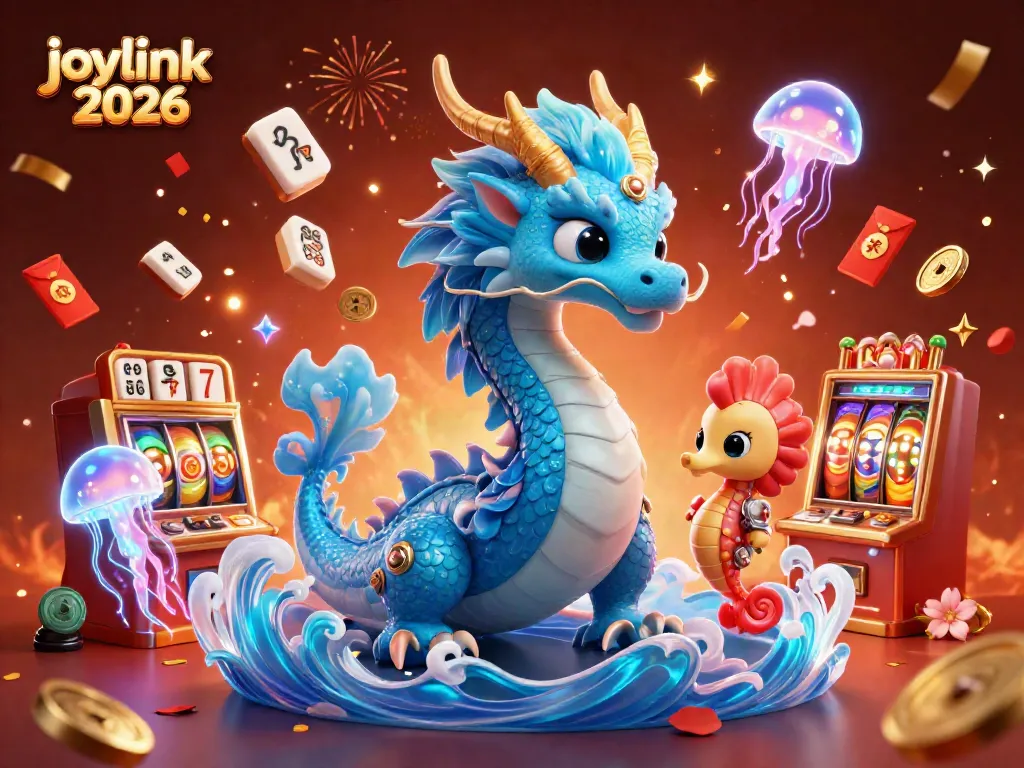 Engage with joylink 2026 by spinning vibrant slot machines featuring a majestic dragon and colorful casino elements.