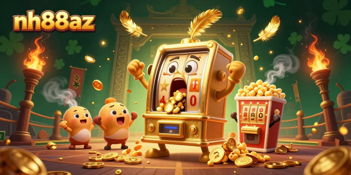nh88az golden slot machine celebrates a jackpot with coins pouring out and other machines cheering in a vibrant casino scene