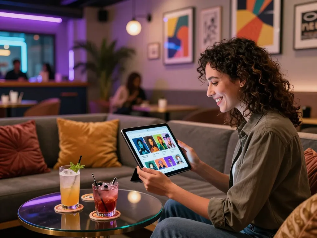 Engaging user interacting with 18+ AI characters in a stylish lounge setting.