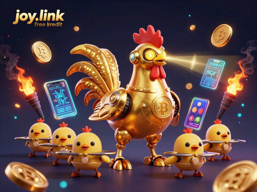 Engage with joy.link free kredit as the golden rooster robot leads a vibrant crypto casino scene.