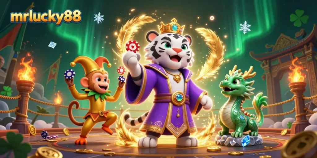 Juggle poker chips and play at mrlucky88 with a white tiger, monkey, and vibrant casino elements.