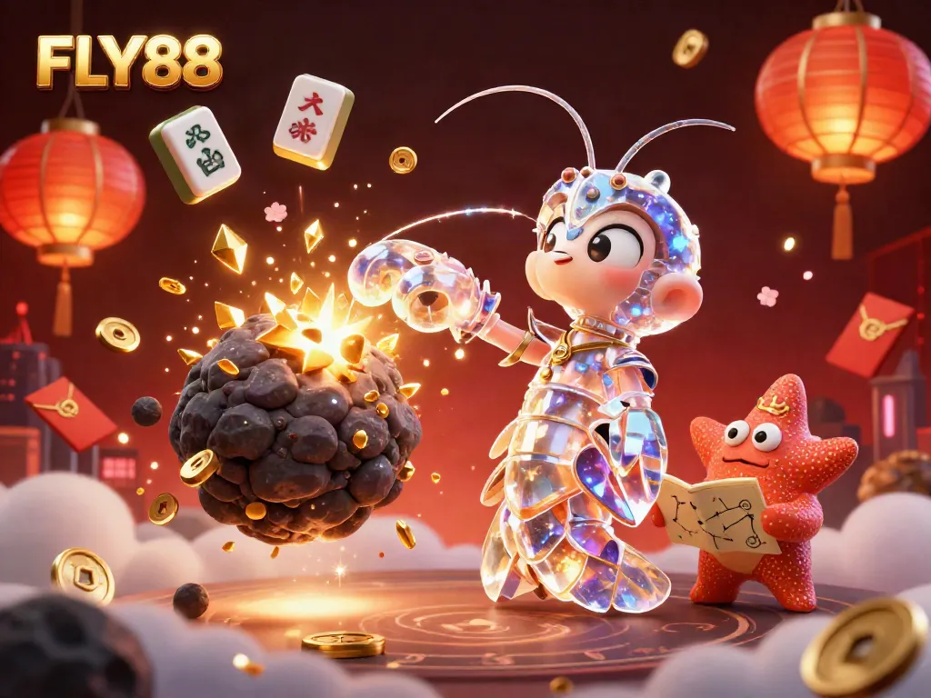 Experience thrilling action with FLY88 in a vibrant 3D casino-themed illustration filled with exciting game elements.