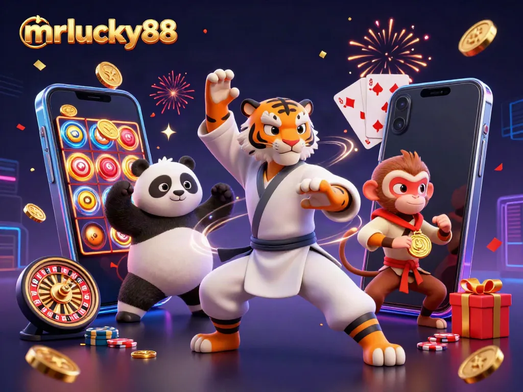 mrlucky88's vibrant 3D illustration showcasing a kung fu tiger and friends amid swirling casino elements.