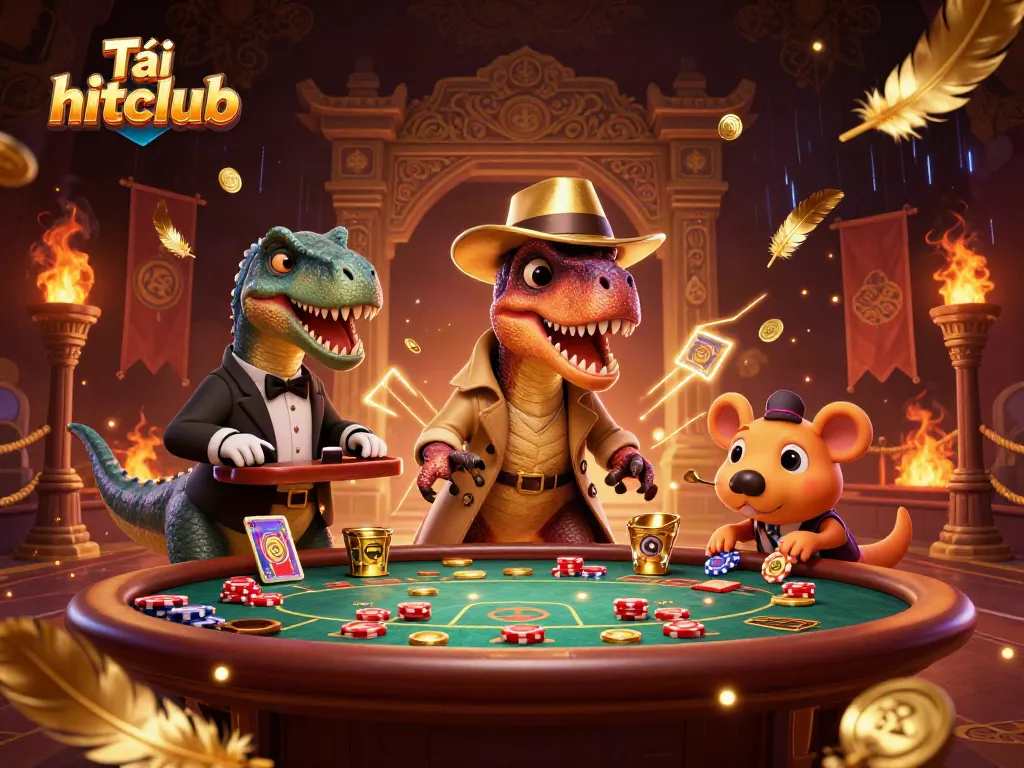Tải hitclub showcases a cartoon velociraptor gambling at a blackjack table amid dynamic casino elements.