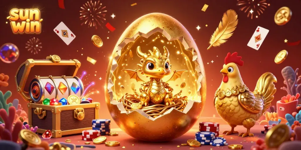 Experience the thrill of sun win with a golden dragon and casino excitement in this vibrant illustration.