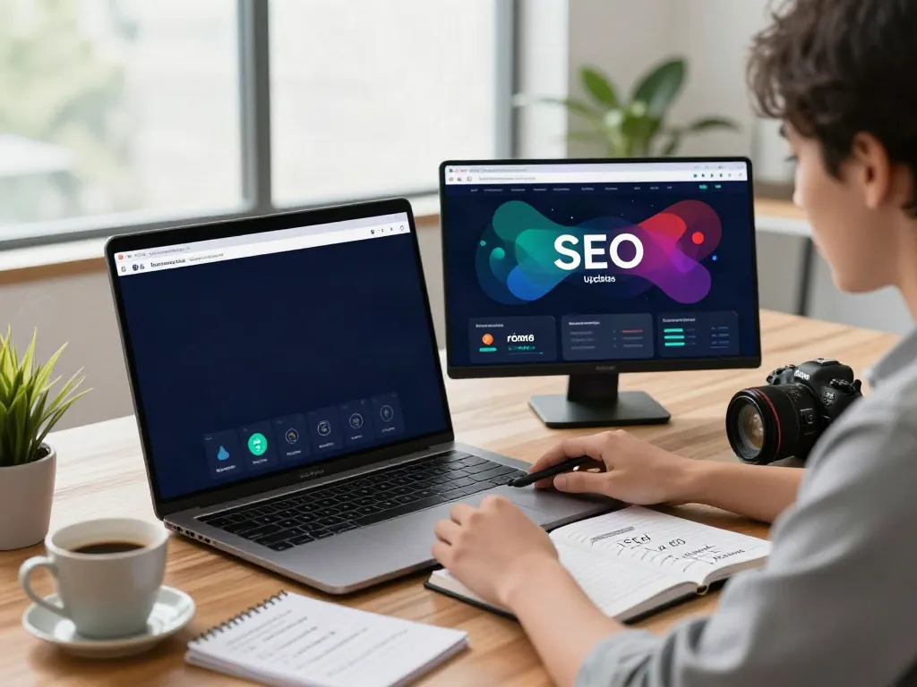 Marketer analyzing Google SEO micro updates for rokok88 in a modern office.