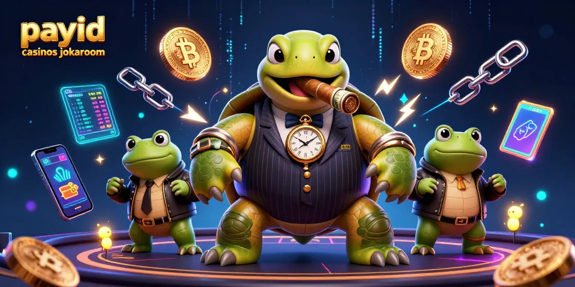 Play at payid casinos jokaroom featuring a cartoon turtle in mobster attire alongside bullfrog enforcers.