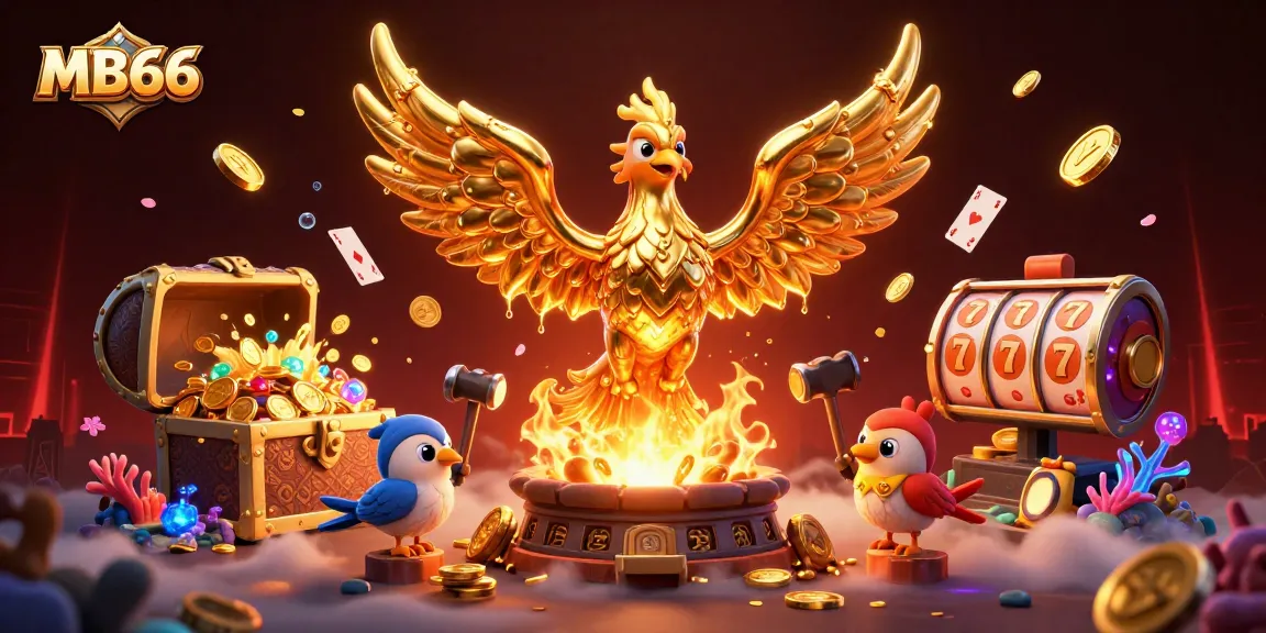 Experience the thrill of winning at MB66 with golden phoenixes emerging from gold coins in this dramatic 3D illustration.