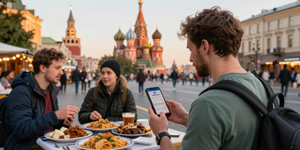 Pengembara menggunakan aplikasi https://payinrussia.com/ sambil menikmati makanan tradisional Rusia di Moscow.