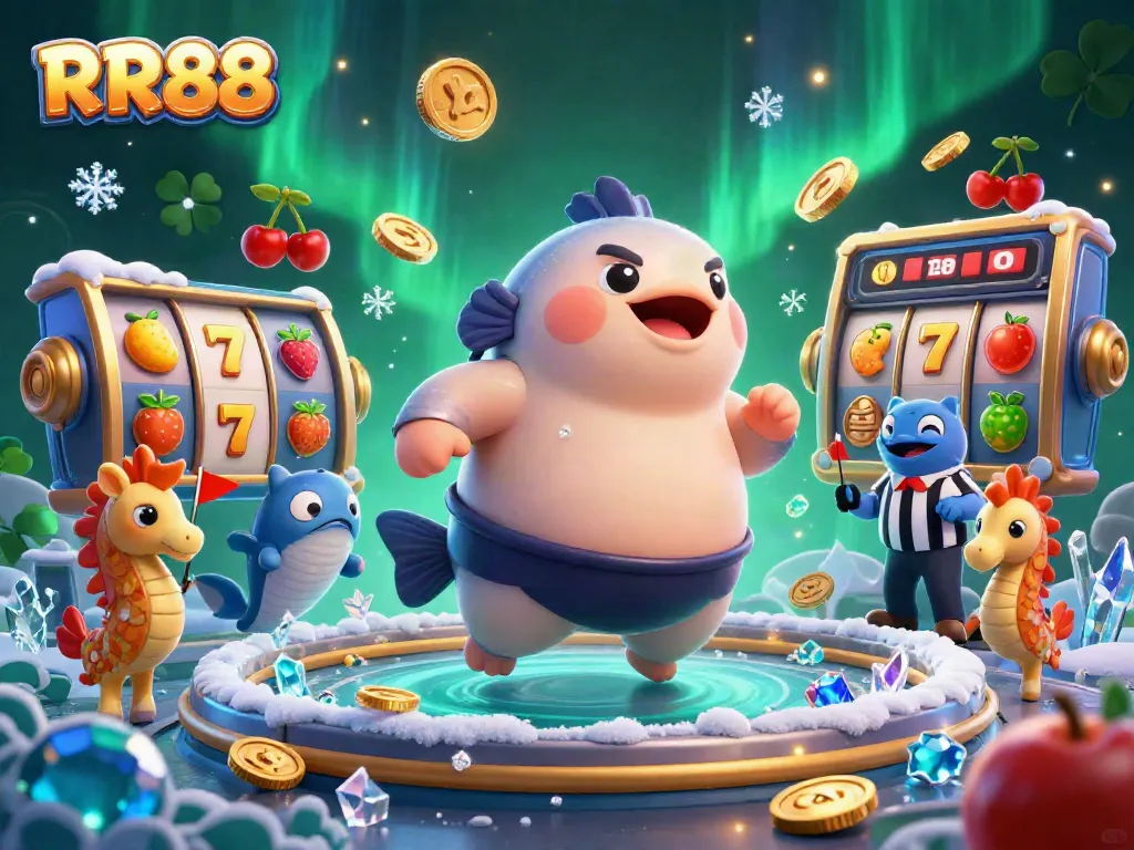 Experience exciting gameplay at RR88, featuring a lively 3D scene with dynamic slot elements and colorful characters.