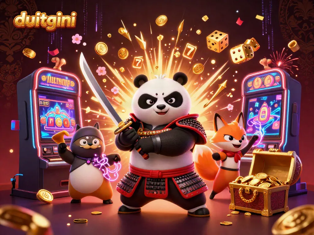 Experience excitement with Duitgini as the fierce panda samurai navigates a vibrant casino scene filled with jackpots.