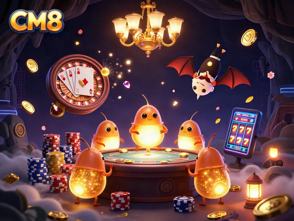Experience excitement at the CM8 casino with glowing glowworms and vibrant gaming elements.