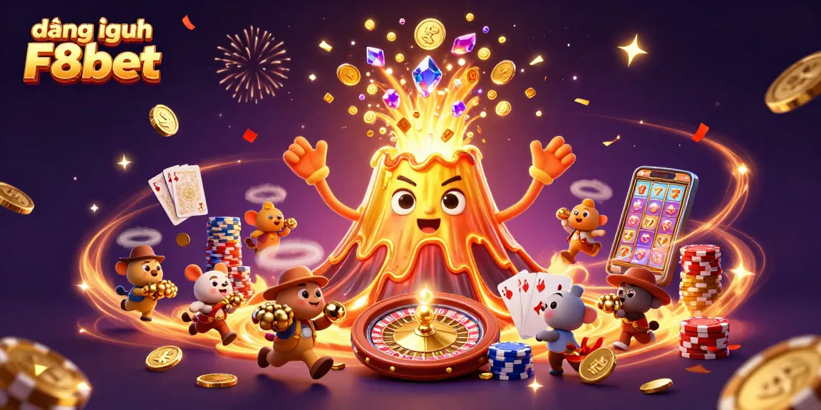 Experience thrilling gaming with đăng nhập F8bet at a vibrant online casino scene featuring a golden volcano and treasure.
