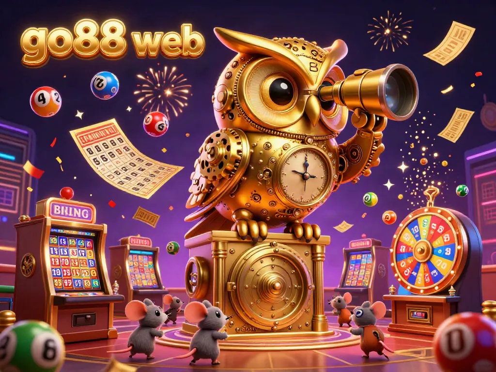 Experience the vibrant energy of go88 web as a golden owl surveys a lively casino floor, filled with colorful games.