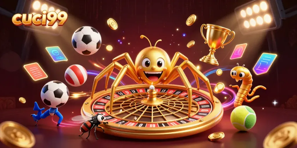 Experience thrilling bets with cuci99 in a vibrant 3D casino illustration.